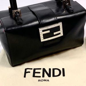 Authentic Fendi Lambskin Swarovski Habdbag Black